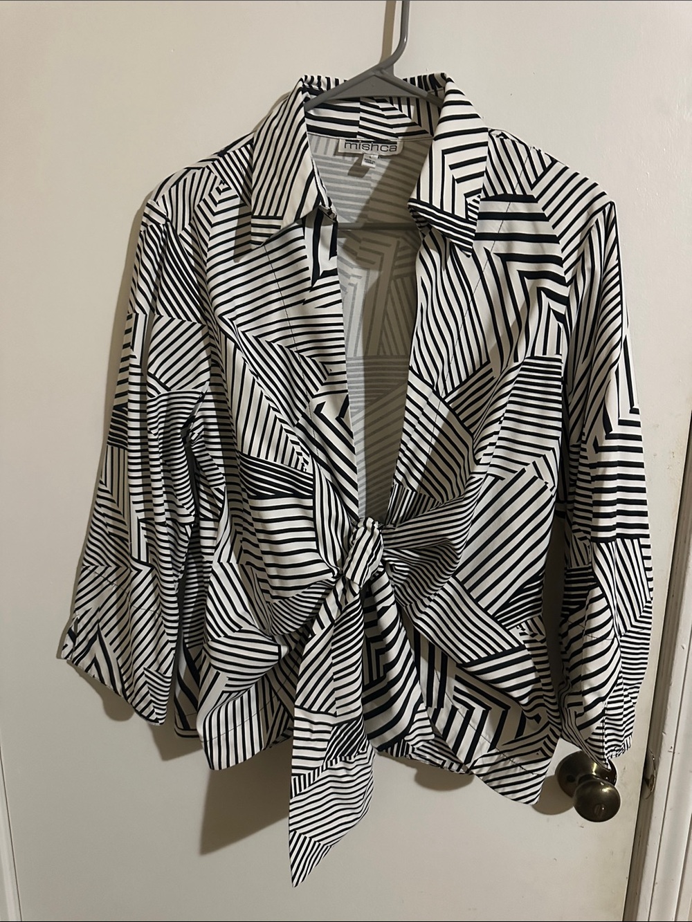 Mischa Black and White Geometric Tie-Front Shirt